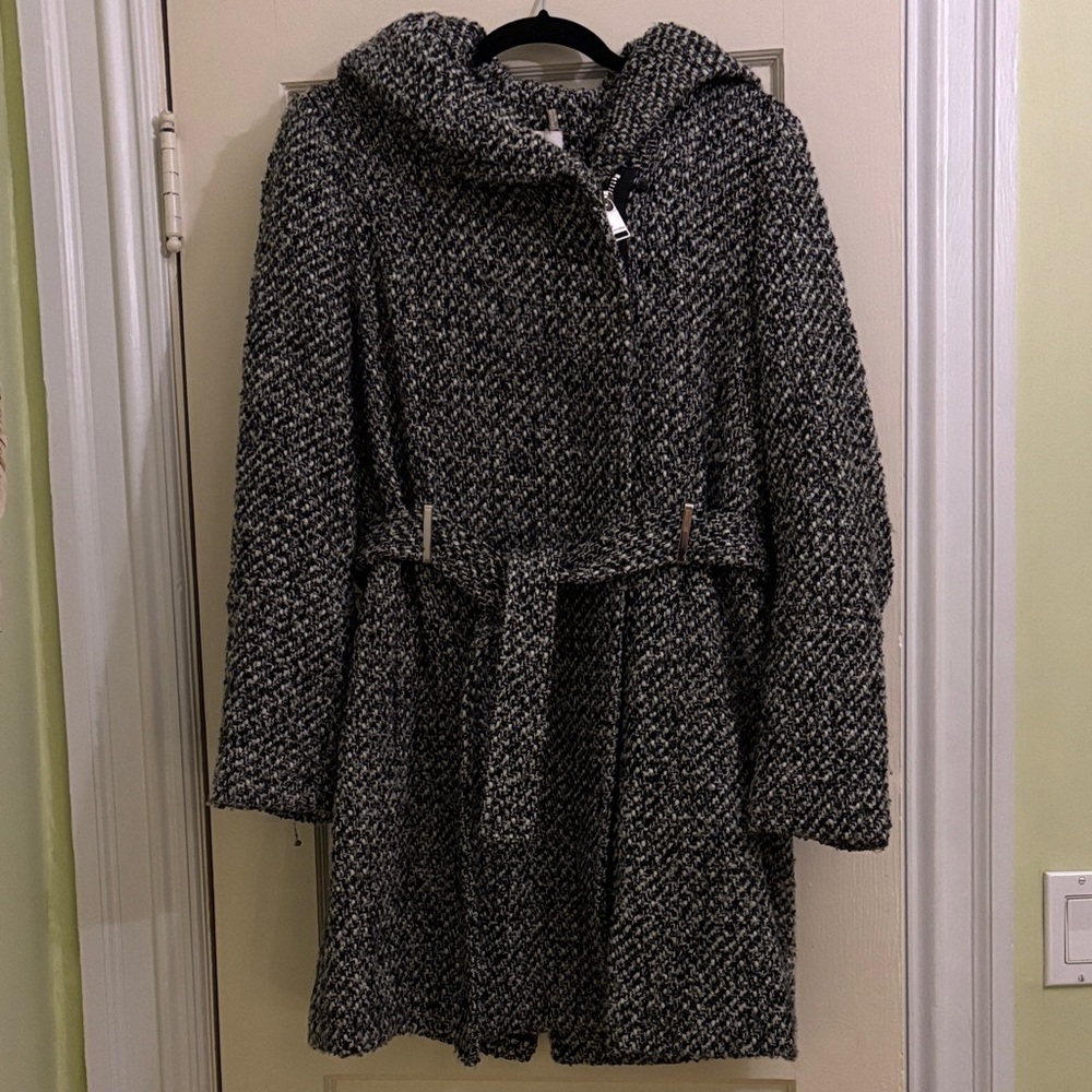 Calvin Klein Black and White Wool Coat with Belt and Hood